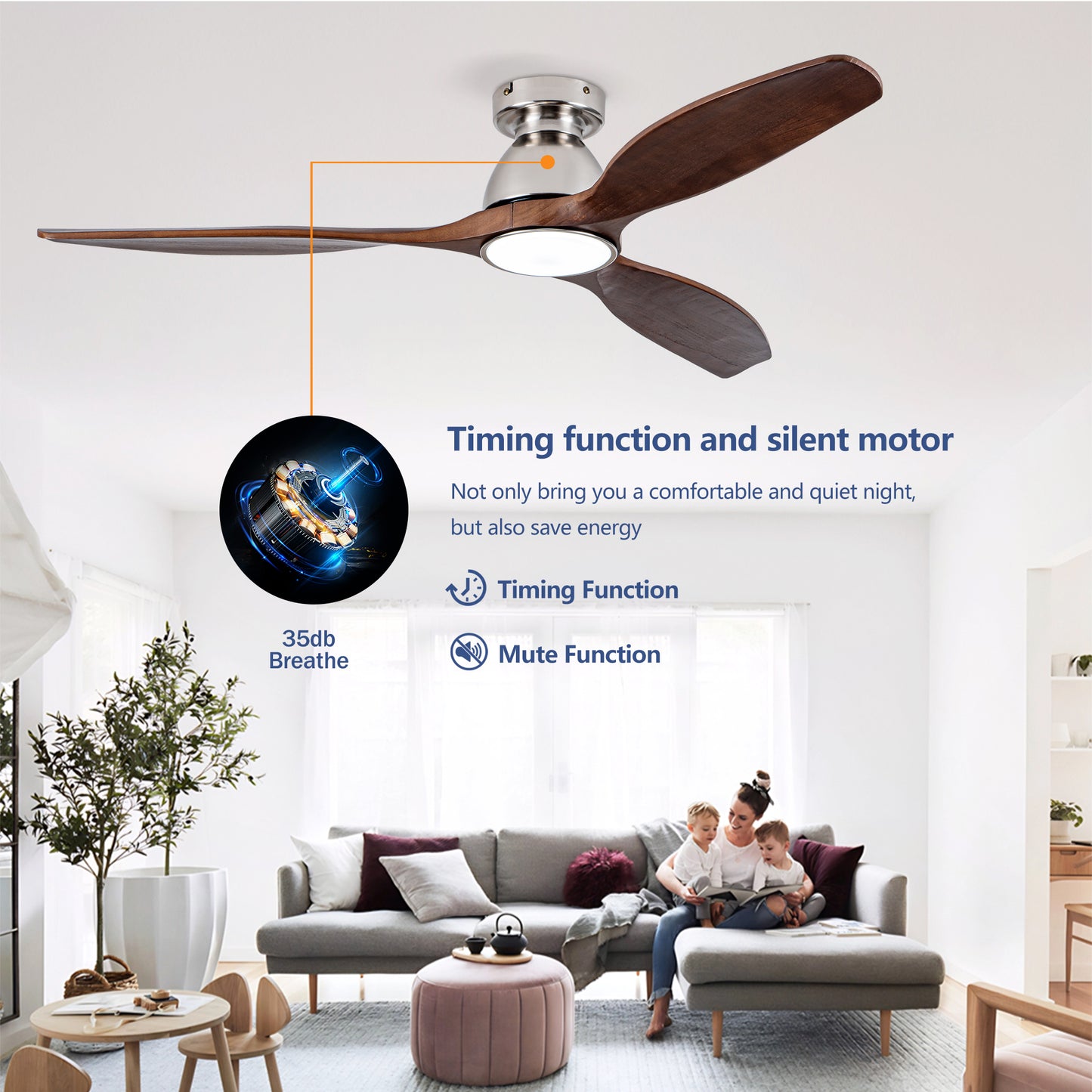 52" Walnut Solid Wood Flush Mount Ceiling Fan - view 11