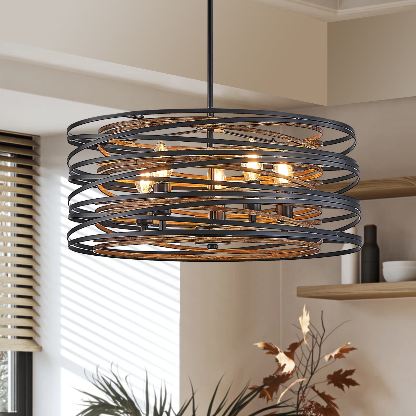 20" 5-Light Black and Walnut Industrial Cage Chandelier - view 3