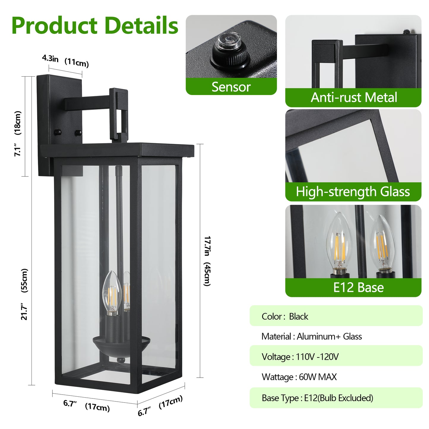 22" Matte Black Outdoor Wall Lantern with Dusk to Dawn Sensor - view 10