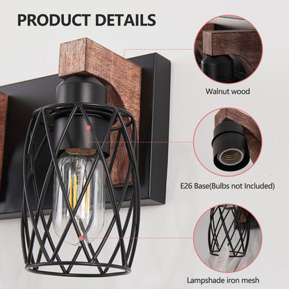 24" 4-Light Black Caged Wall Light with Wood Accents - view 7