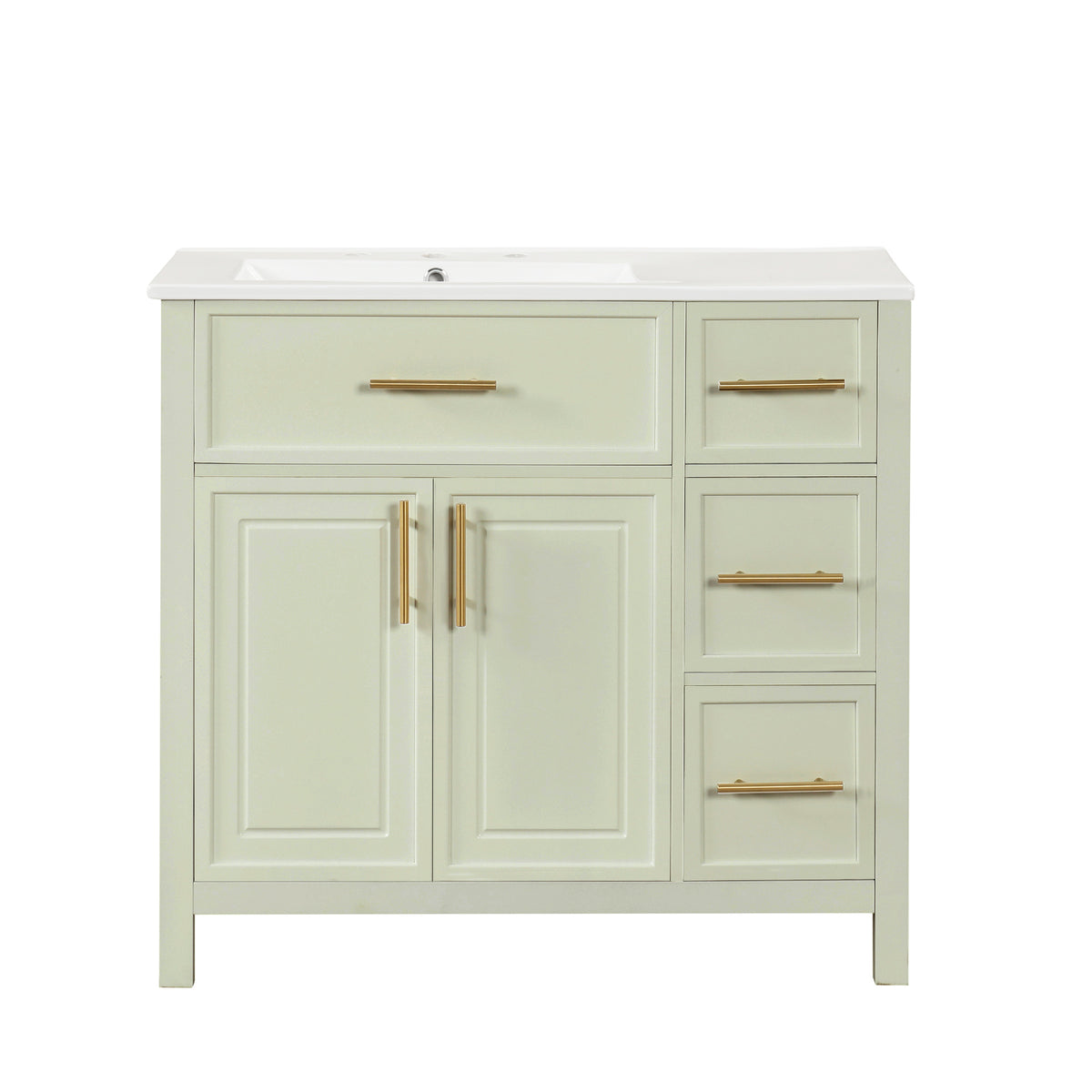 36" White & Sage Bathroom Vanity with Ceramic Sink and Gold Handles