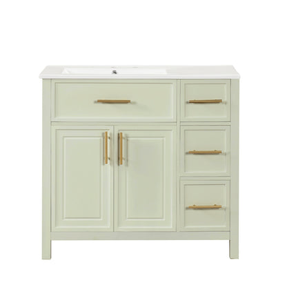 36" White & Sage Bathroom Vanity with Ceramic Sink and Gold Handles