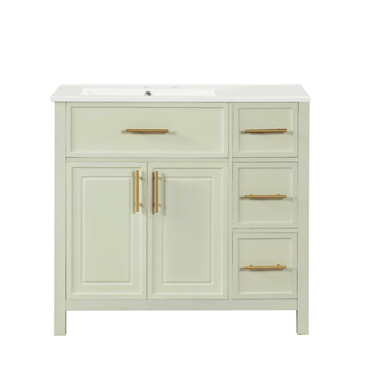 36" White & Sage Bathroom Vanity with Ceramic Sink and Gold Handles