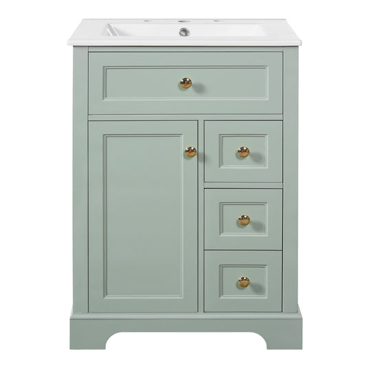 24" Green Bathroom Vanity with Sink and 2-Tier Door Storage Rack