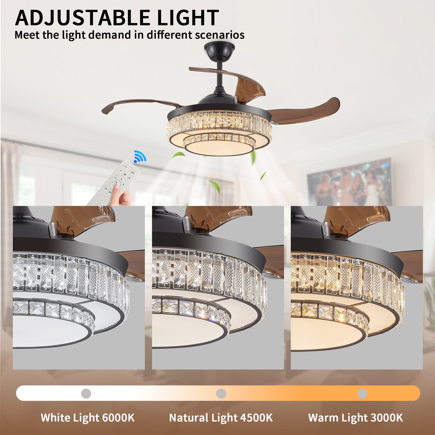 48" Black Crystal Retractable Ceiling Fan with Remote - view 9