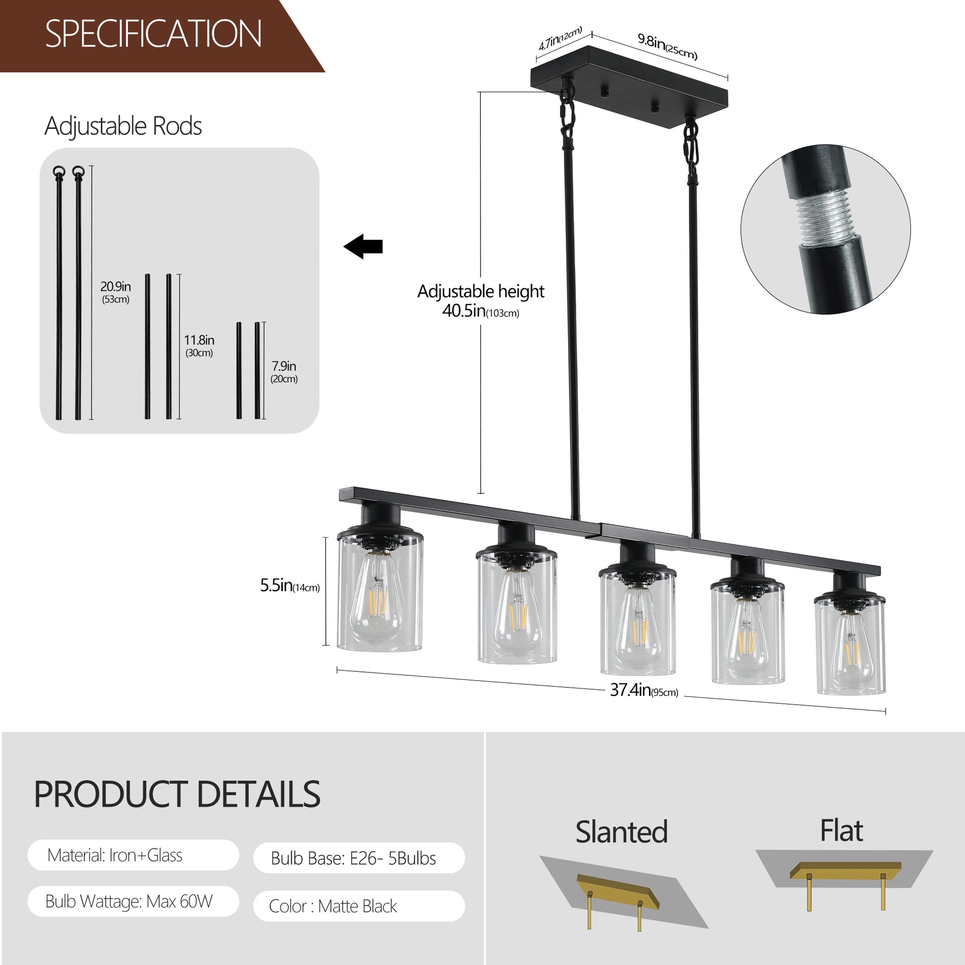 37" 5-Light Matte Black Industrial Chandelier - view 8