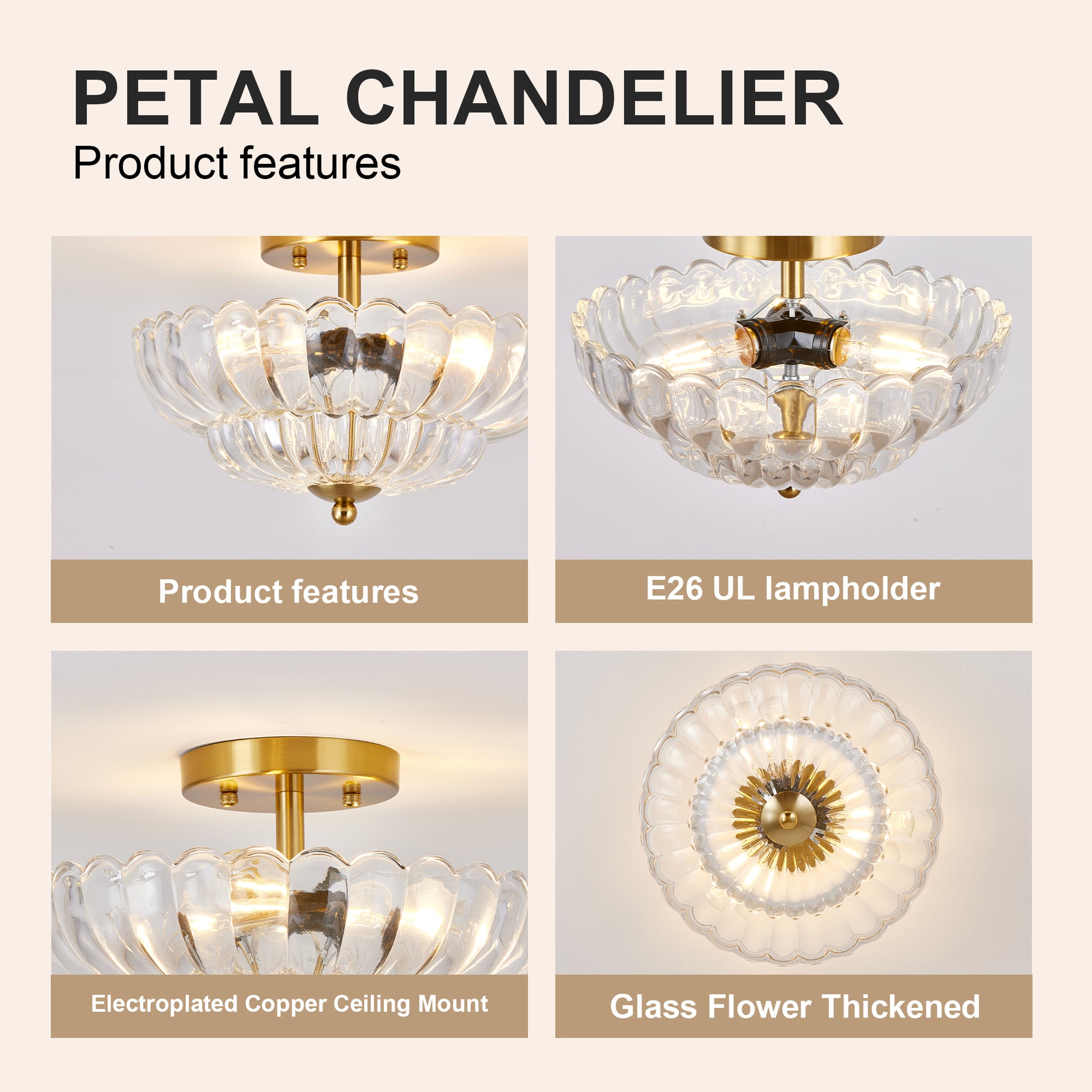 11.8" 3-Light Gold Semi-Flush Ceiling Light with Flower Glass - view 5