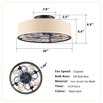 20" Lotus Fabric Farmhouse Bladeless Ceiling Fan with Remote - view 6