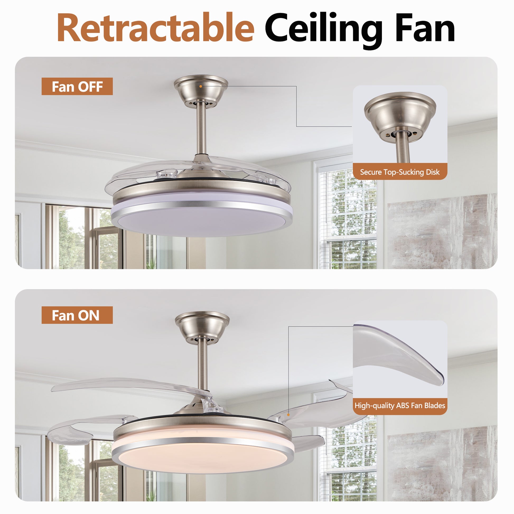 42" Chrome Retractable Blade Ceiling Fan with LED Light - view 4