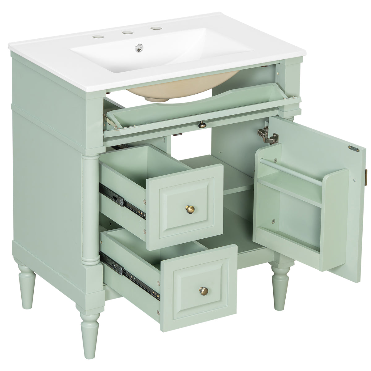 30" Green Bathroom Vanity with Sink, 3 Drawers & Turned Legs