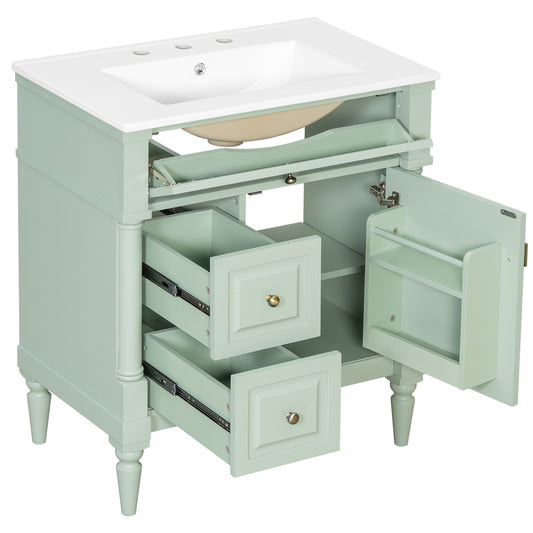 30" Green Bathroom Vanity with Sink, 3 Drawers & Turned Legs