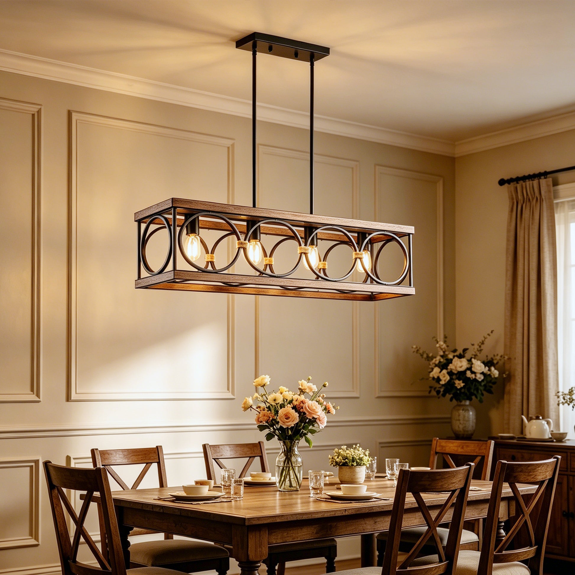 31.6" 4-Light Wood & Black Farmhouse Chandelier - view 3