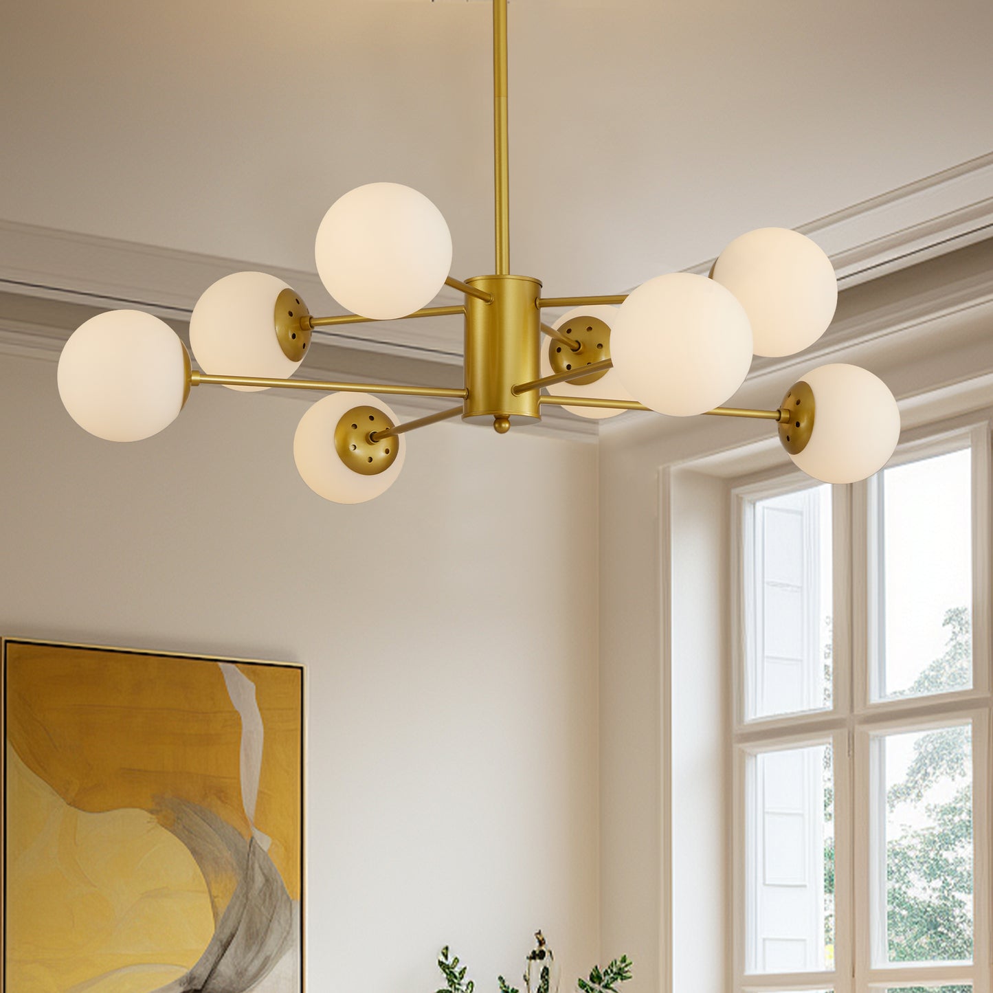 35" 8-Light Gold Mid-Century Chandelier with Glass Globes - view 4