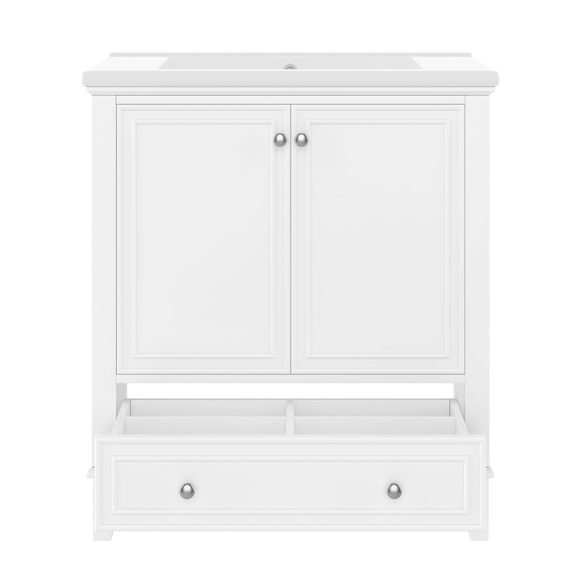 30" White Bathroom Vanity with Sink, 2 Doors & Bottom Drawer