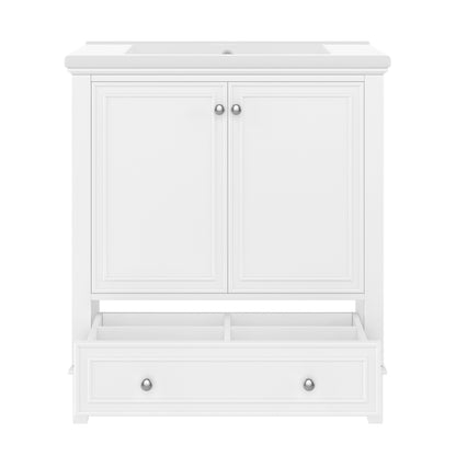 30" White Bathroom Vanity with Sink, 2 Doors & Bottom Drawer