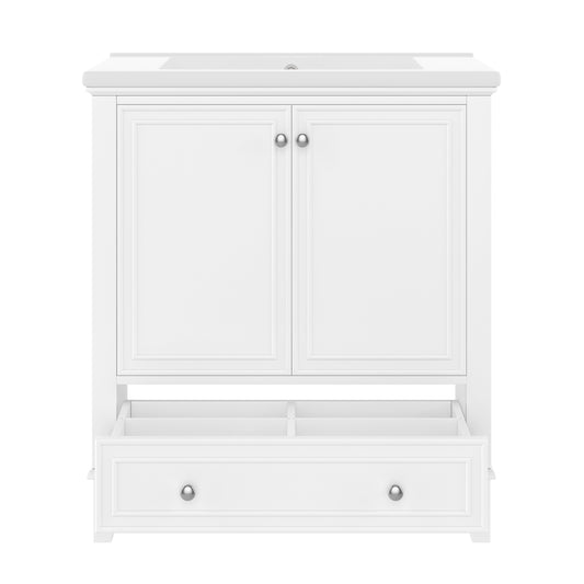 30" White Bathroom Vanity with Sink, 2 Doors & Bottom Drawer