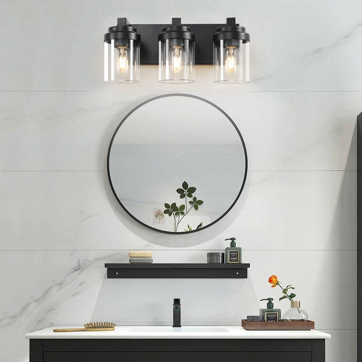3-Light Matte Black Vanity Light with Clear Glass Shades - view 2