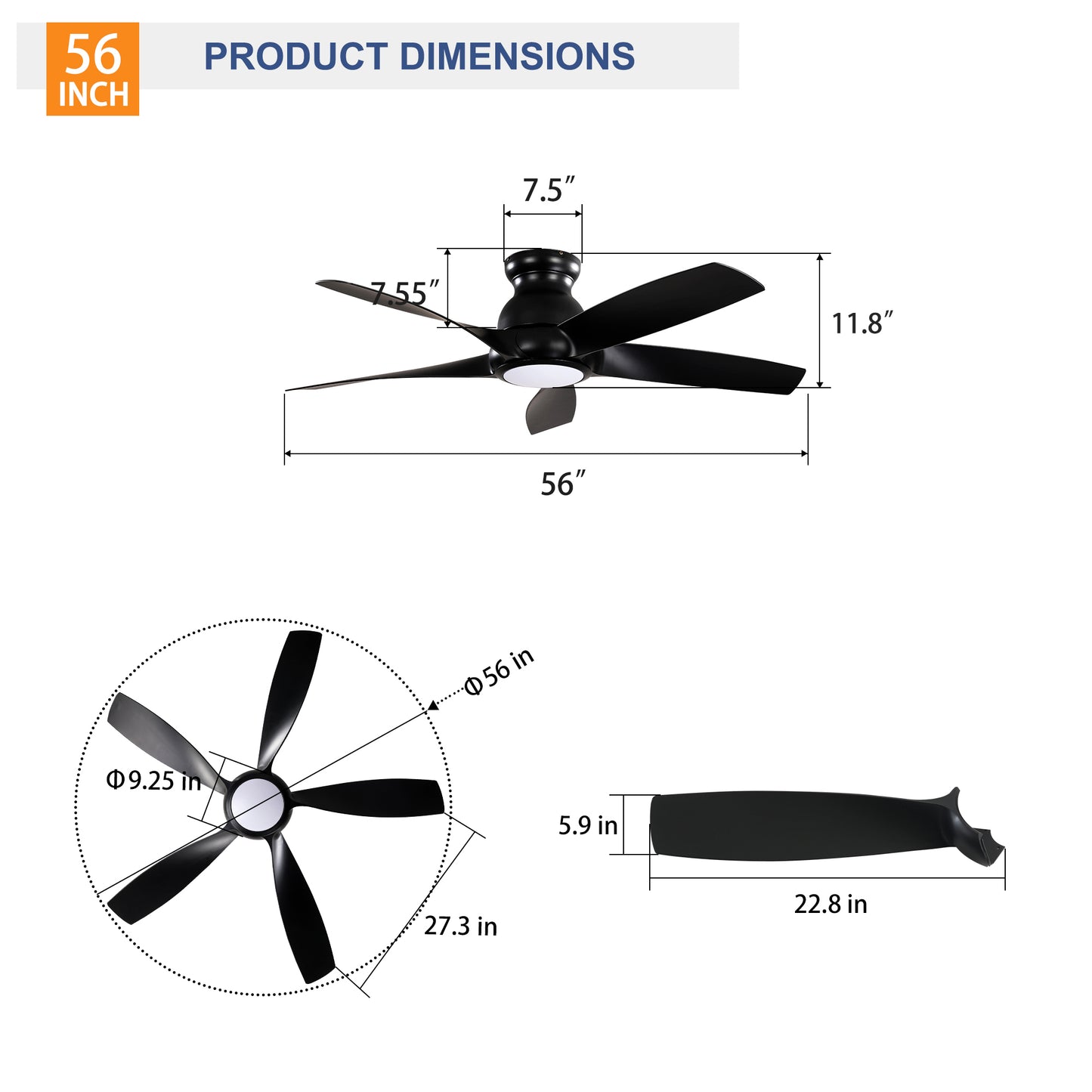 56" Matte Black 5-Blade Ceiling Fan with Remote - view 7