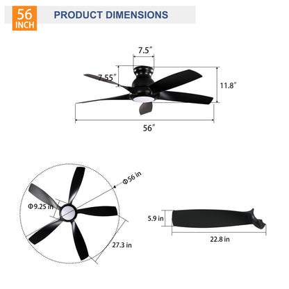 56" Matte Black 5-Blade Ceiling Fan with Remote - view 7