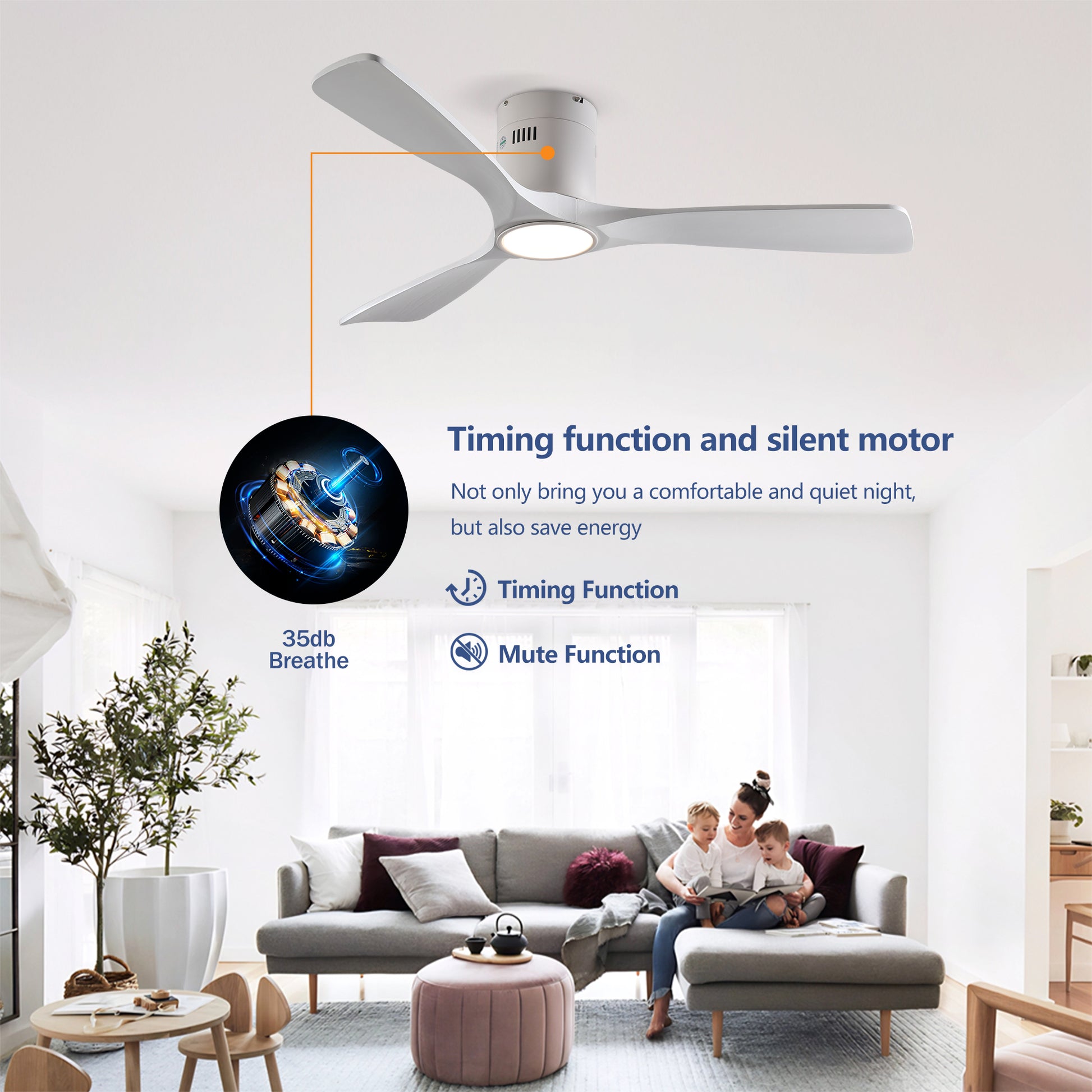 52" Matte White Solid Wood Ceiling Fan with Dimmable LED - view 10
