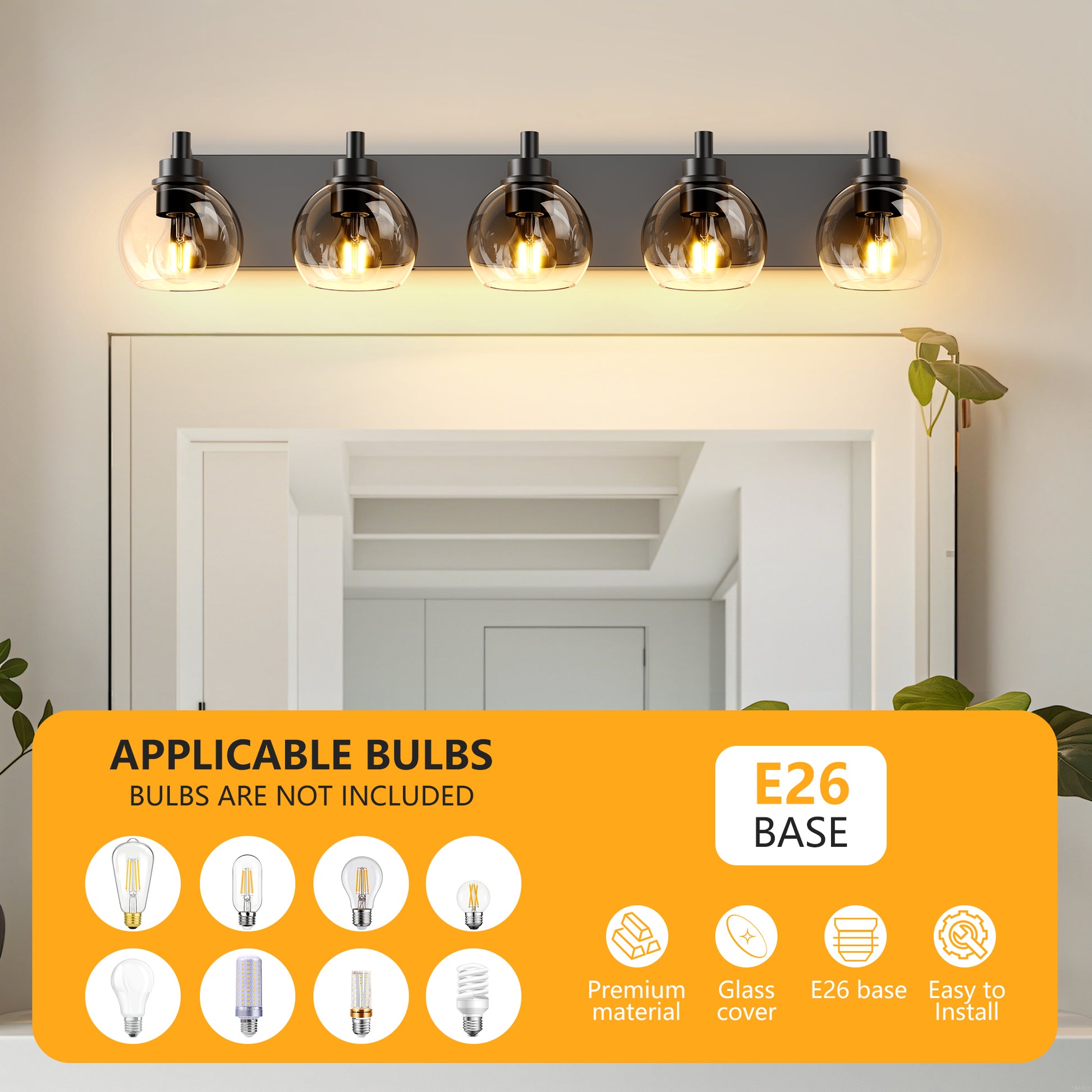 5-Light Black Vanity Light with Globe Glass Shades - view 7