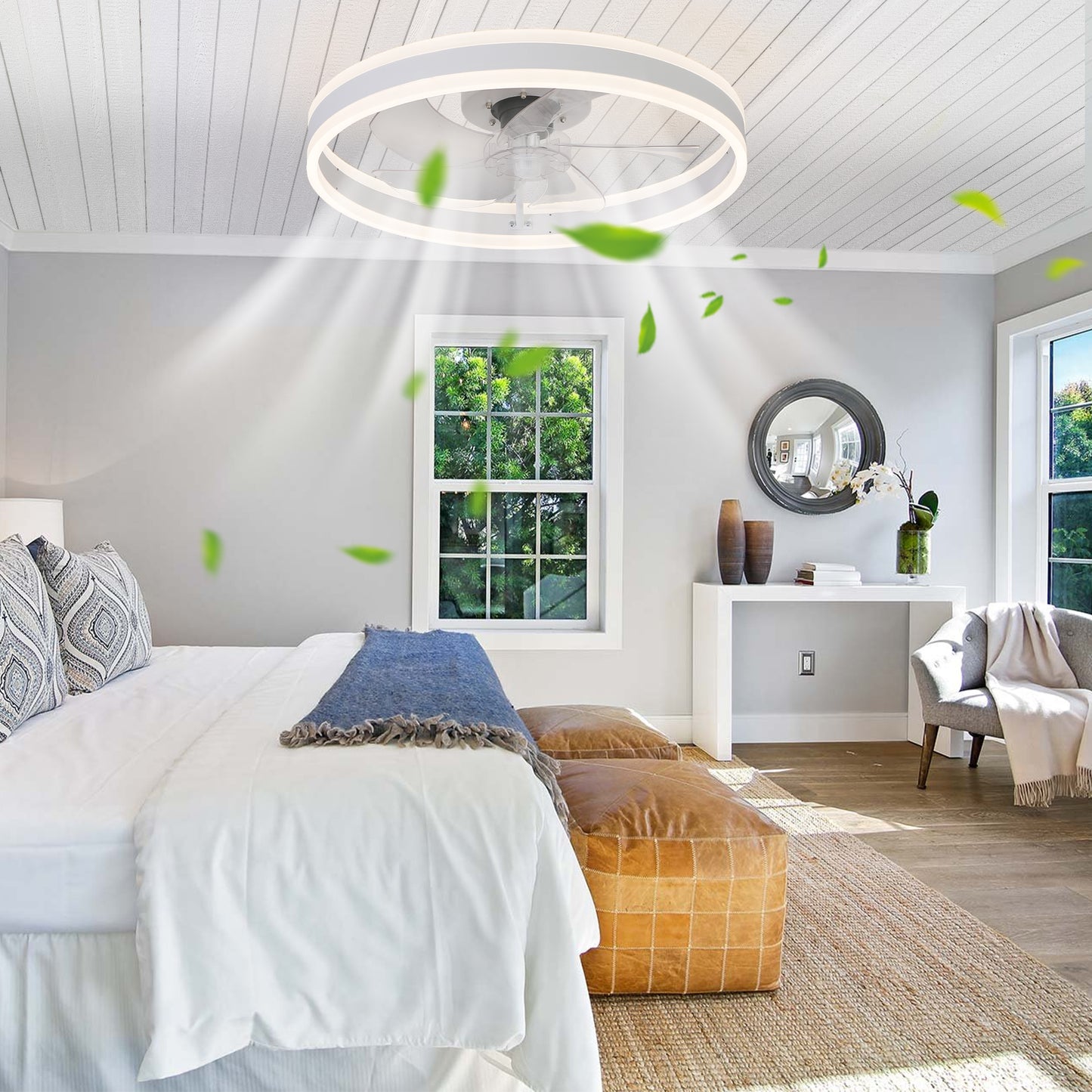 20" White Flush Mount Ceiling Fan with Dimmable LED & Remote