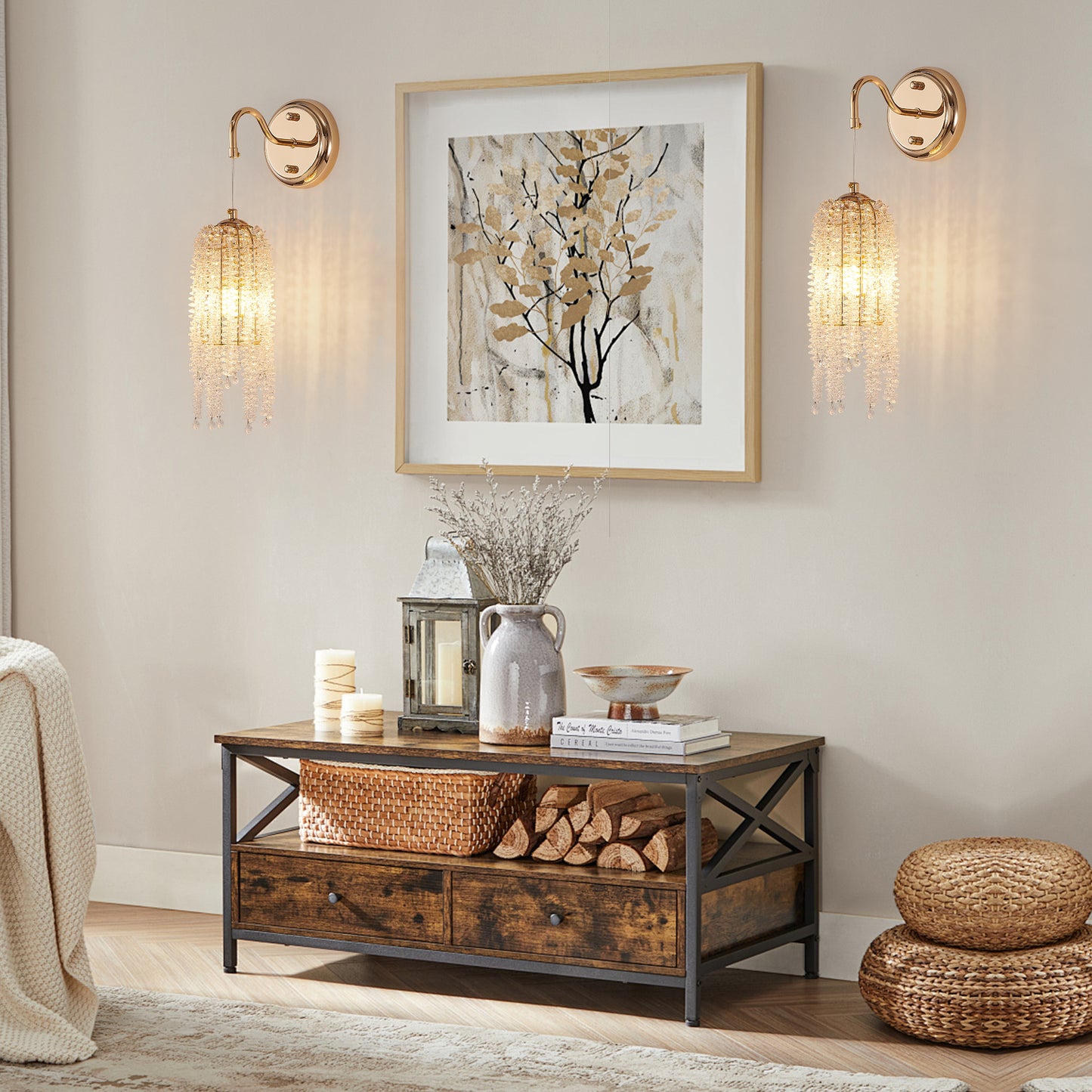 Gold Cascading Crystal Bead Wall Light, Set of 2