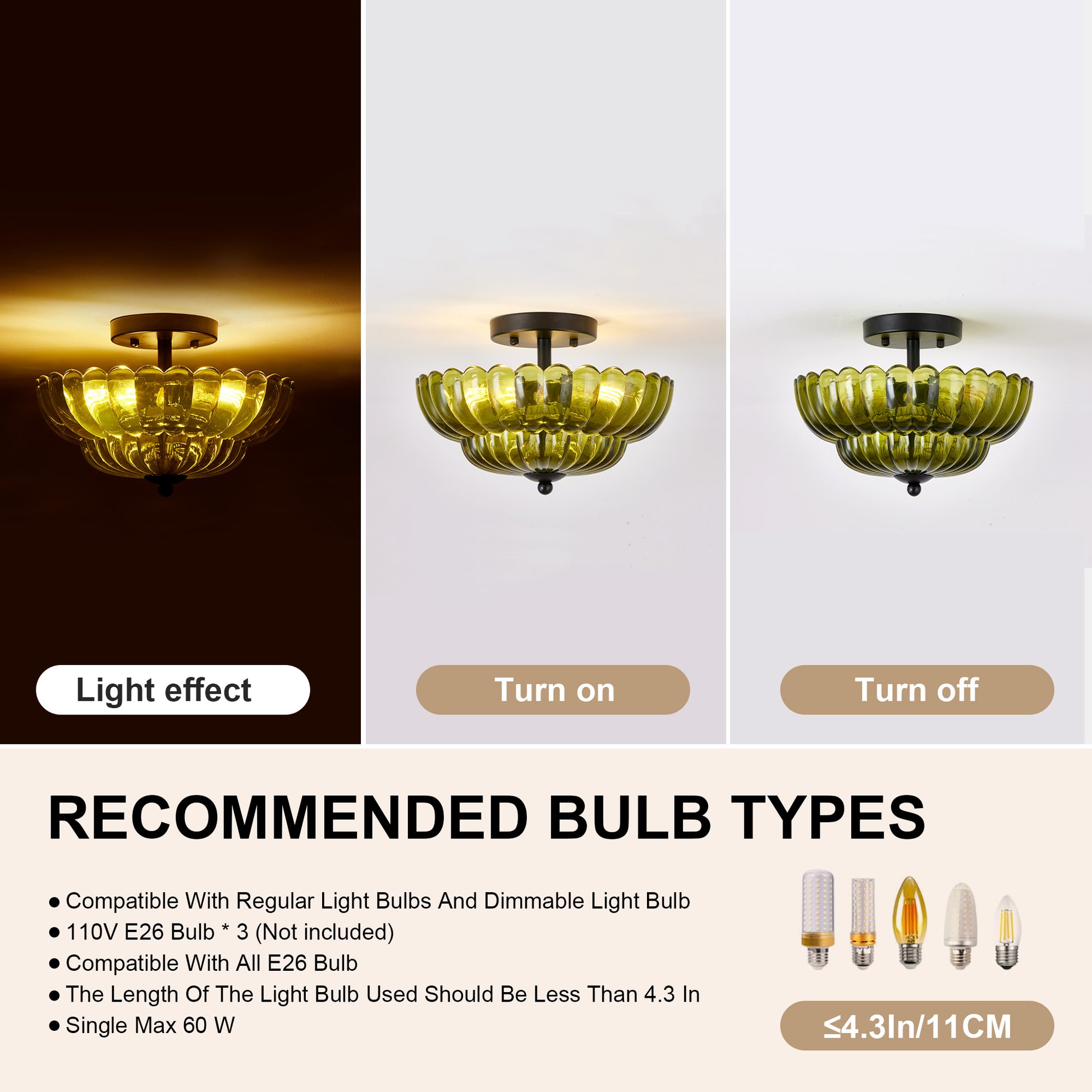 3-Light Green Glass Semi Flush Mount Ceiling Light - view 8