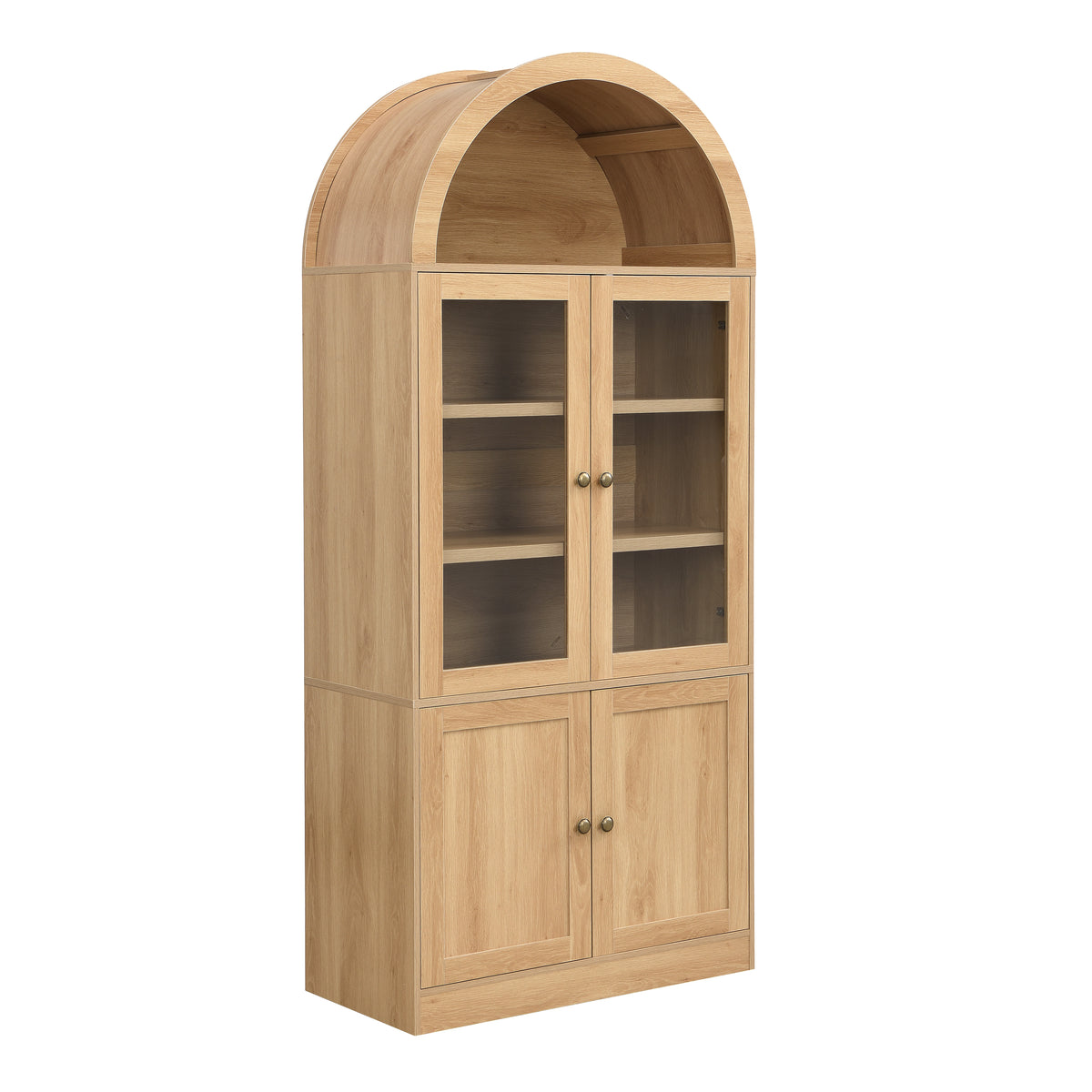 71" Natural Arched Storage Cabinet with Tempered Glass Doors