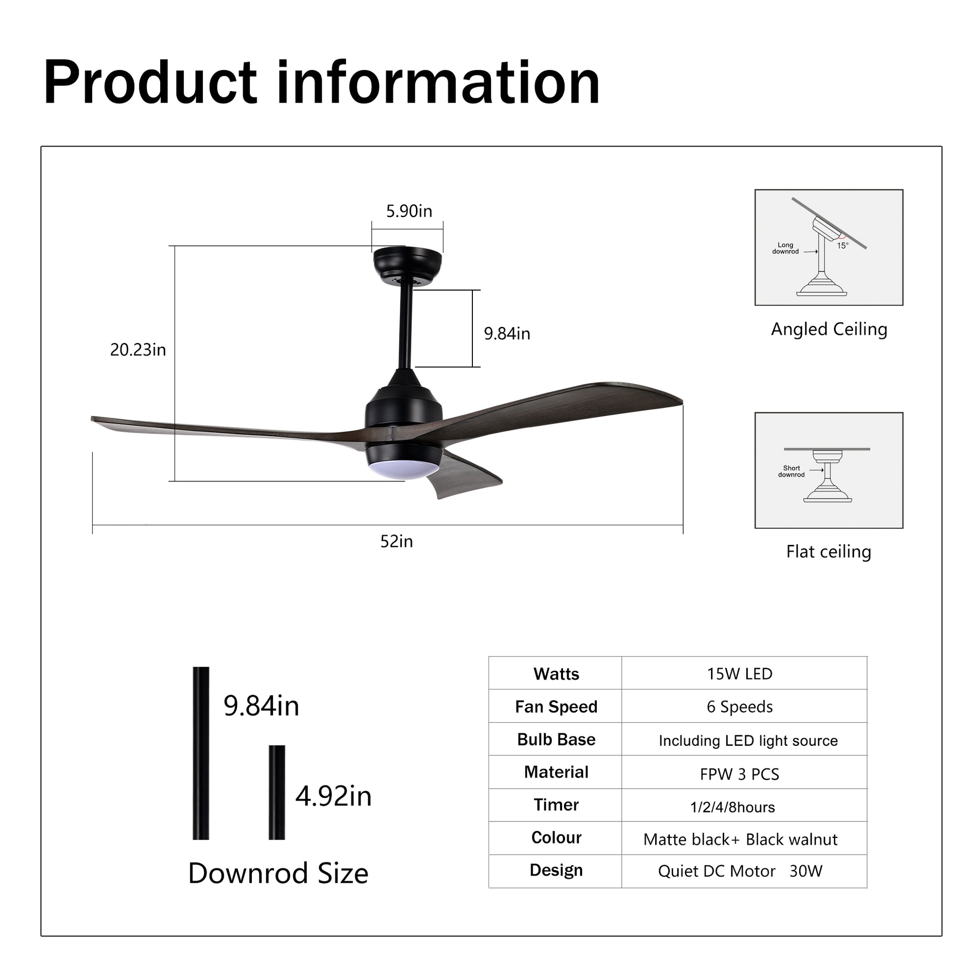52" Matte Black Solid Wood Ceiling Fan with Remote - view 7