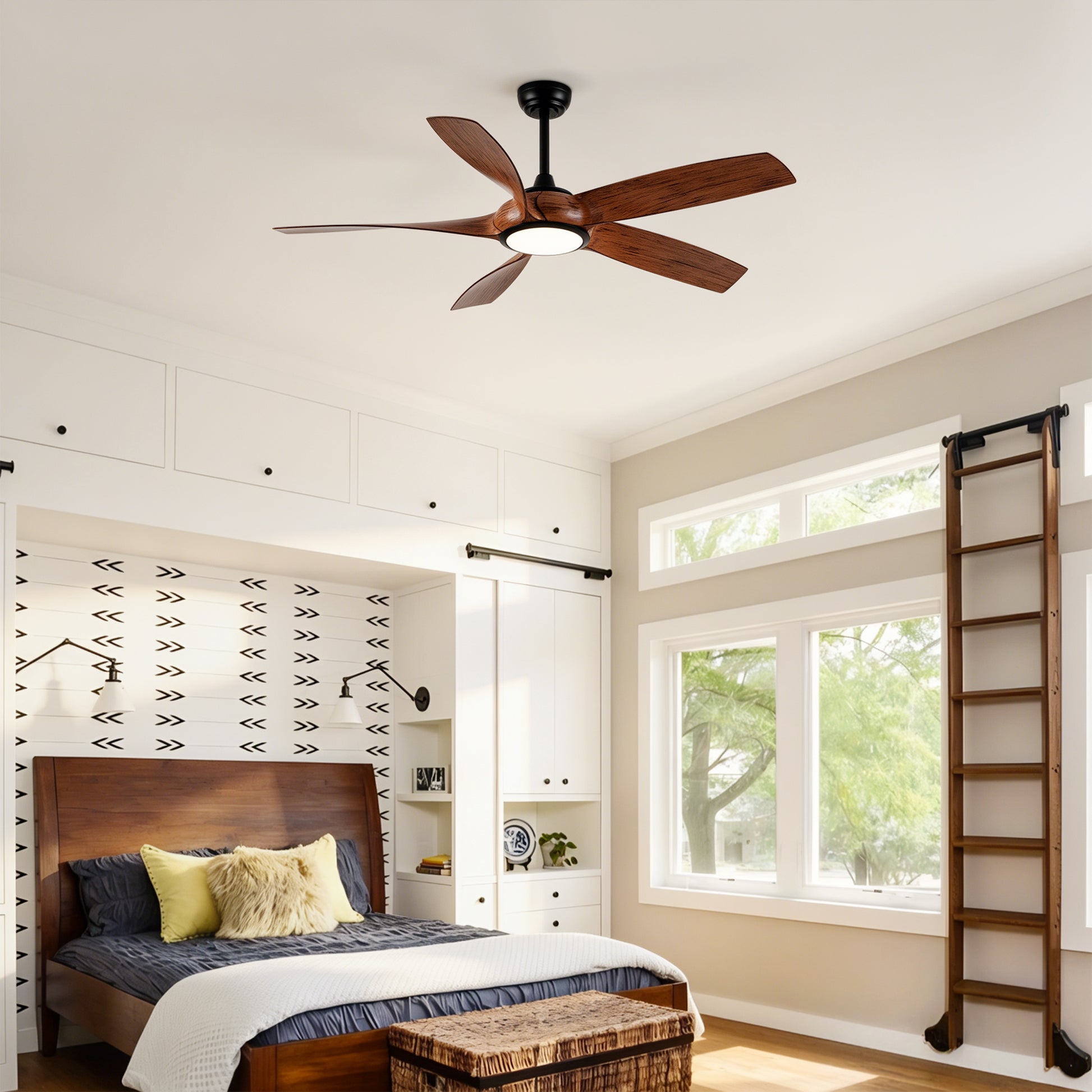 56" 5-Blade Matte Black & Wood Ceiling Fan with Remote - view 4