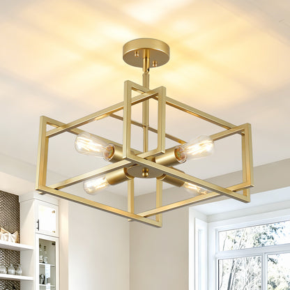 4-Light Gold Industrial Flush Mount Chandelier