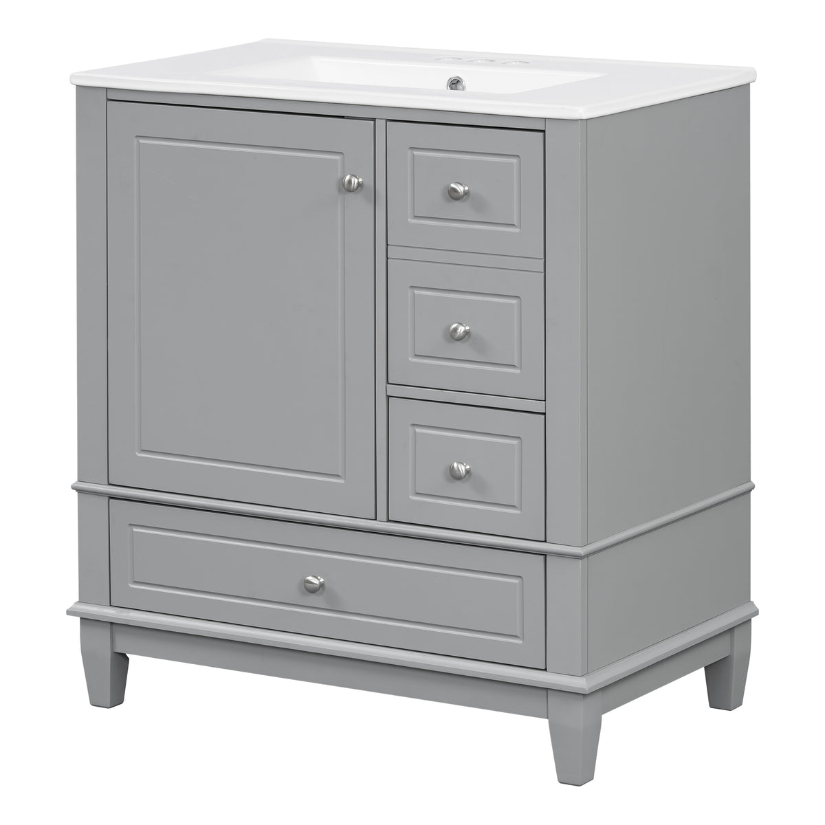 30" Gray Bathroom Vanity with Sink, 3 Drawers & Door Shelf