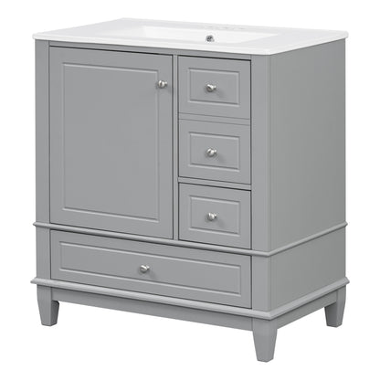 30" Gray Bathroom Vanity with Sink, 3 Drawers & Door Shelf