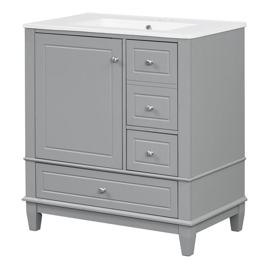 30" Gray Bathroom Vanity with Sink, 3 Drawers & Door Shelf