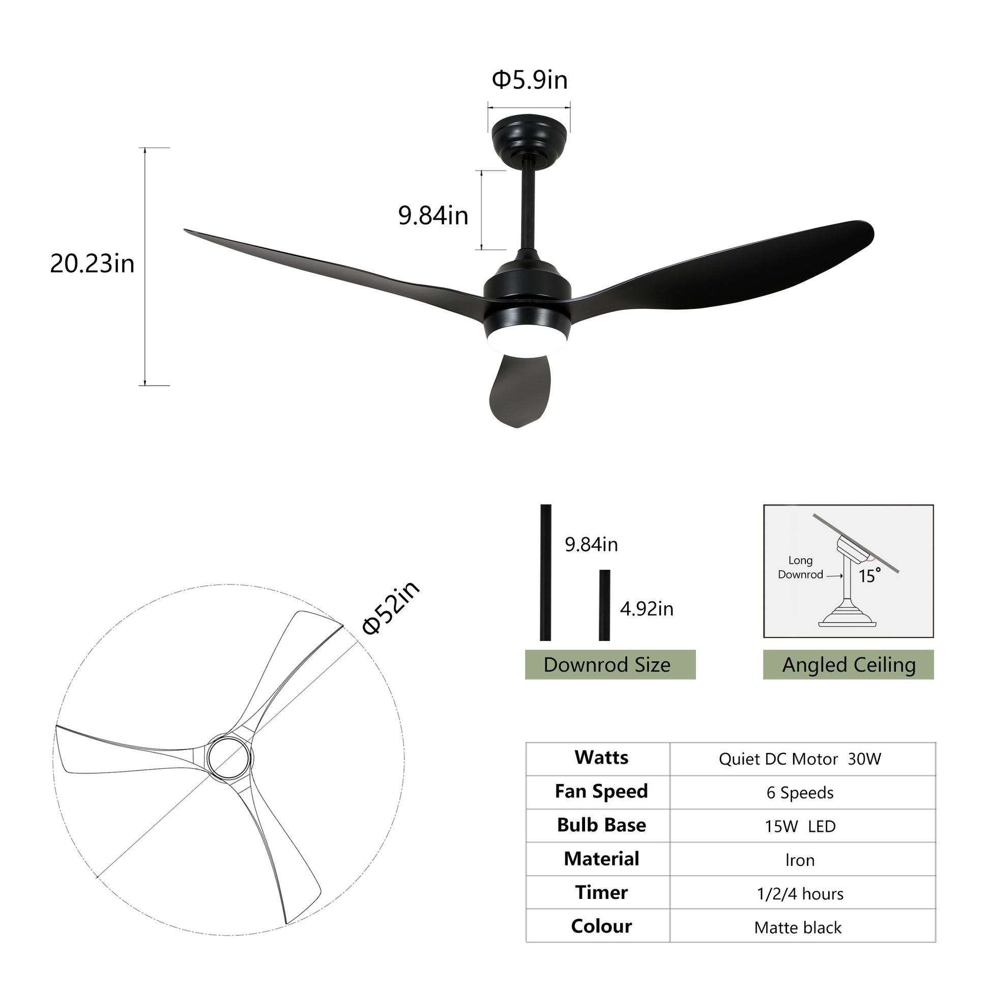 52" Matte Black 3-Blade Ceiling Fan with Light - view 9
