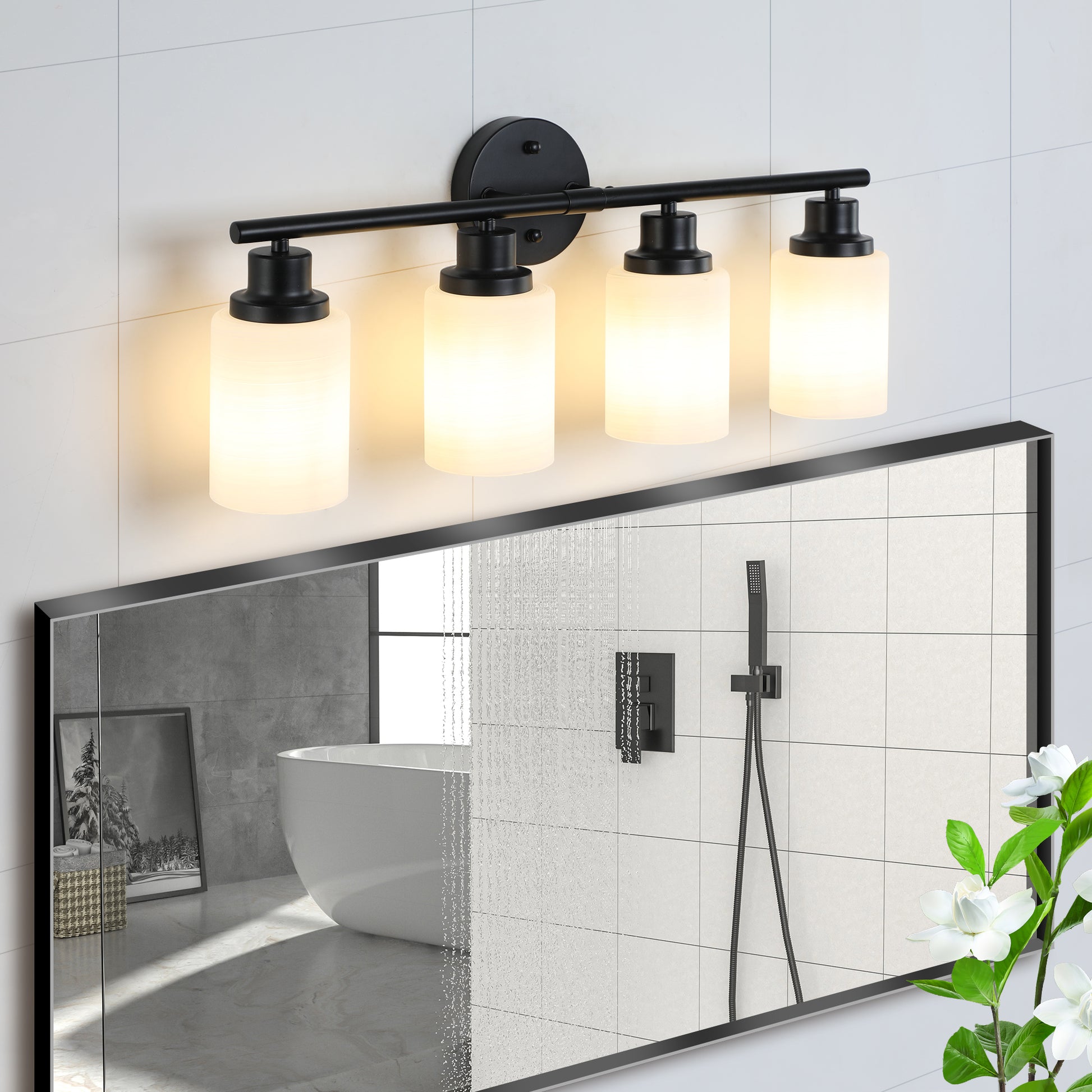 24" 4-Light Black Vanity Light with Frosted Glass - view 4