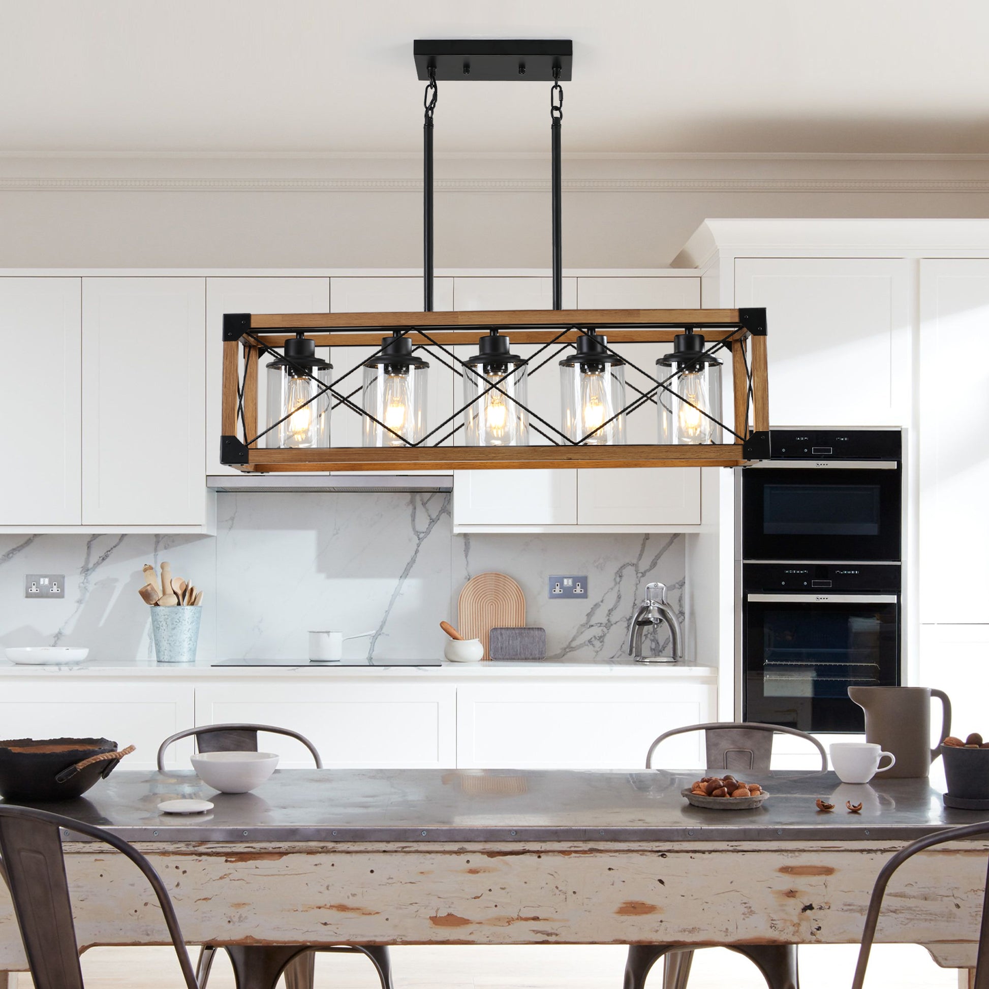 32" 5-Light Walnut Farmhouse Rectangle Chandelier