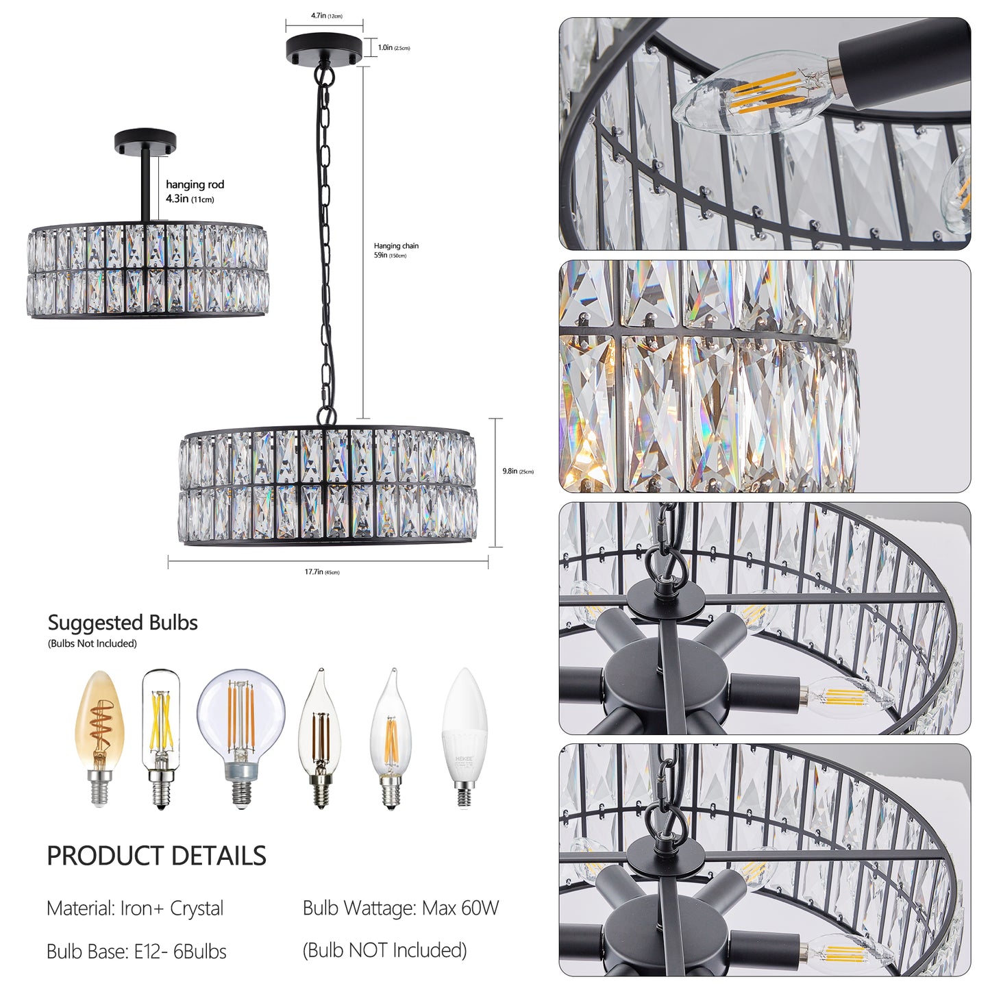 18" 6-Light Black Crystal Drum Chandelier - view 8