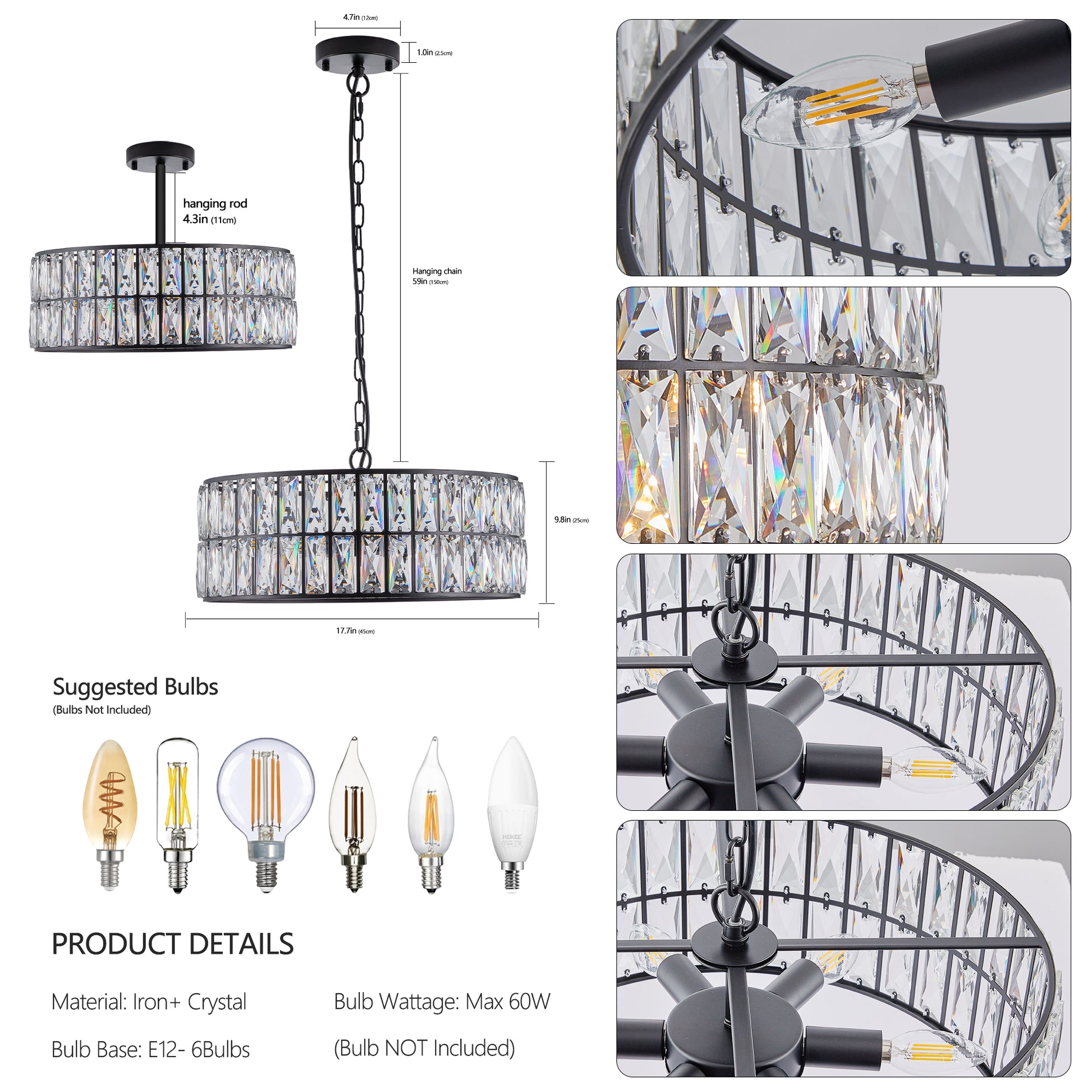18" 6-Light Black Crystal Drum Chandelier - view 8