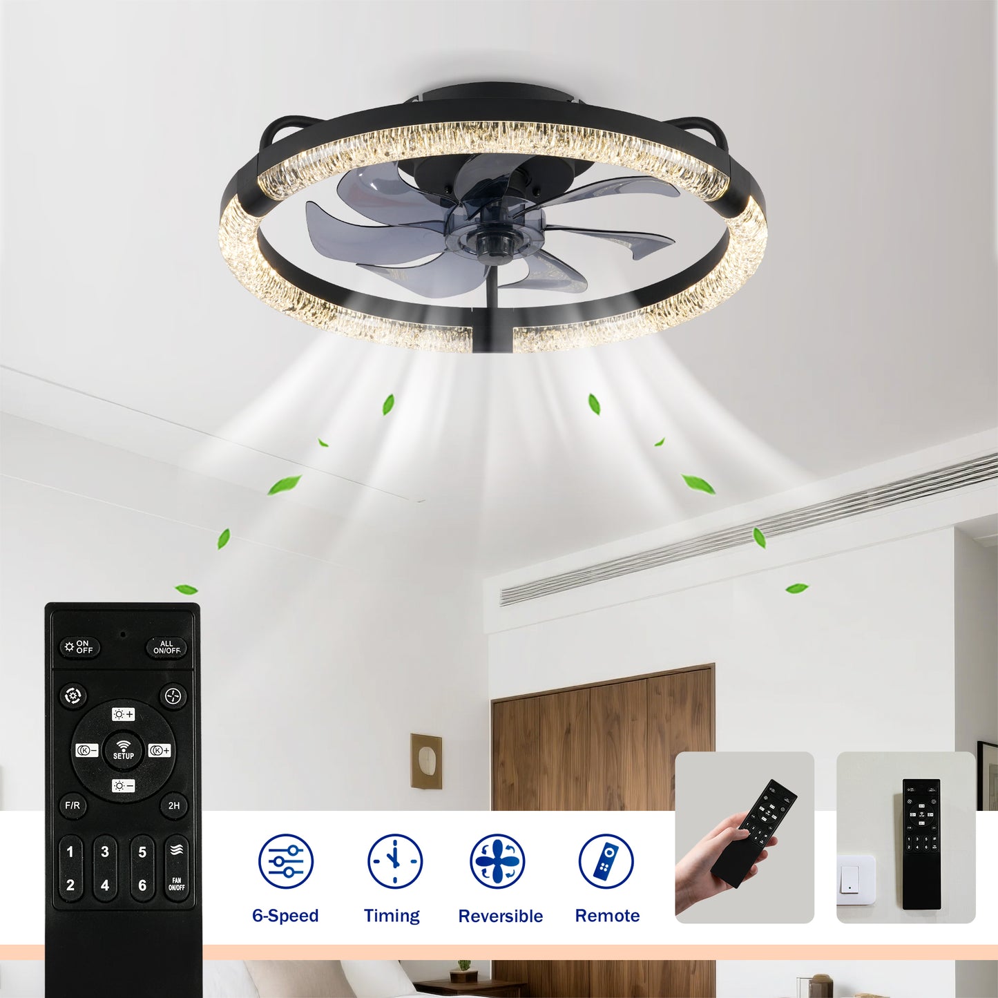 20" Matte Black Flush Mount Ceiling Fan with Dimmable LED - view 9