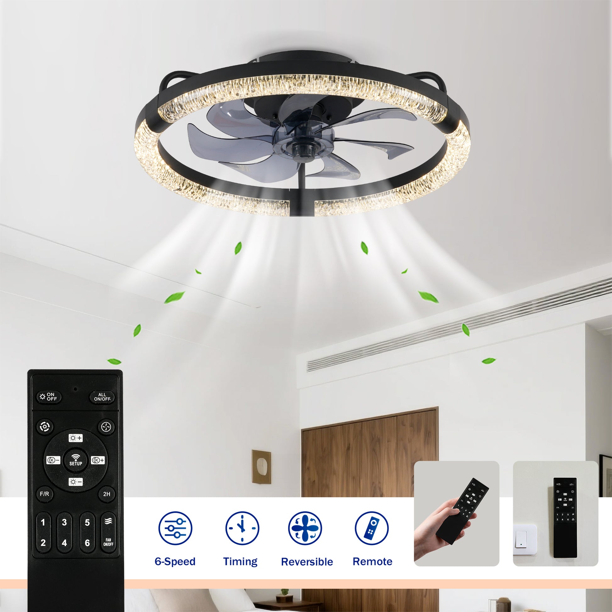 20" Matte Black Flush Mount Ceiling Fan with Dimmable LED - view 9