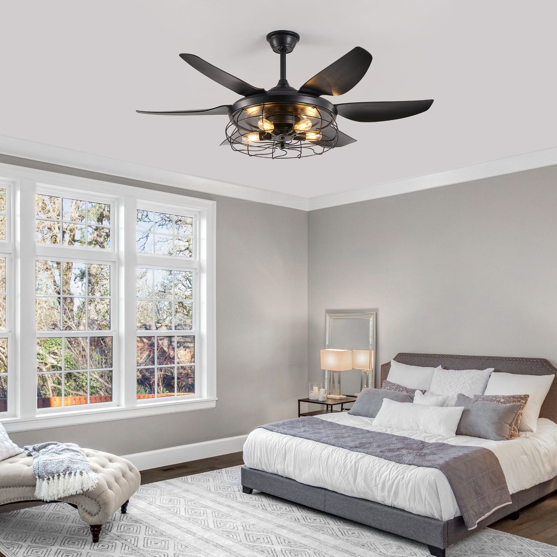 52" Black Industrial Caged Ceiling Fan with Light - view 2