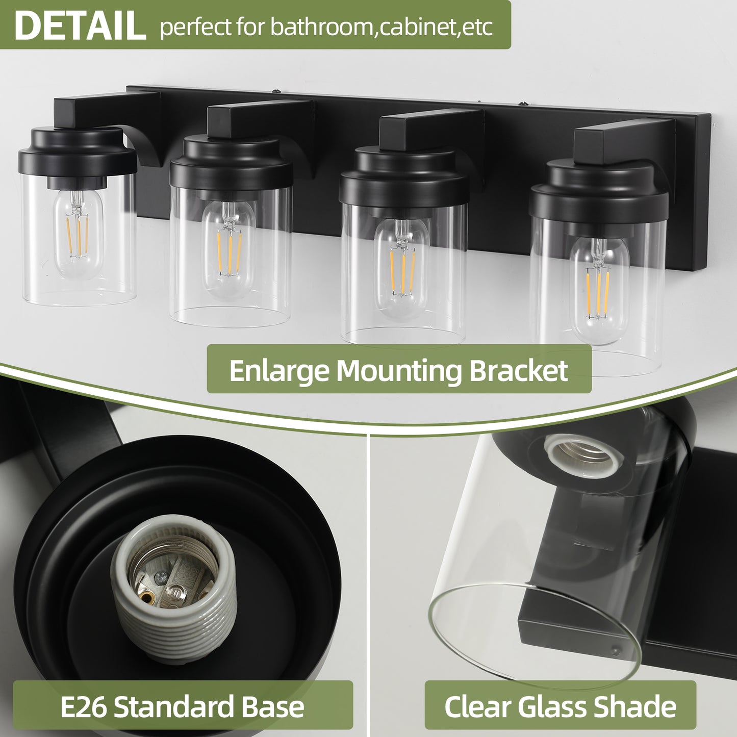 4-Light Matte Black Vanity Light with Clear Glass - view 6