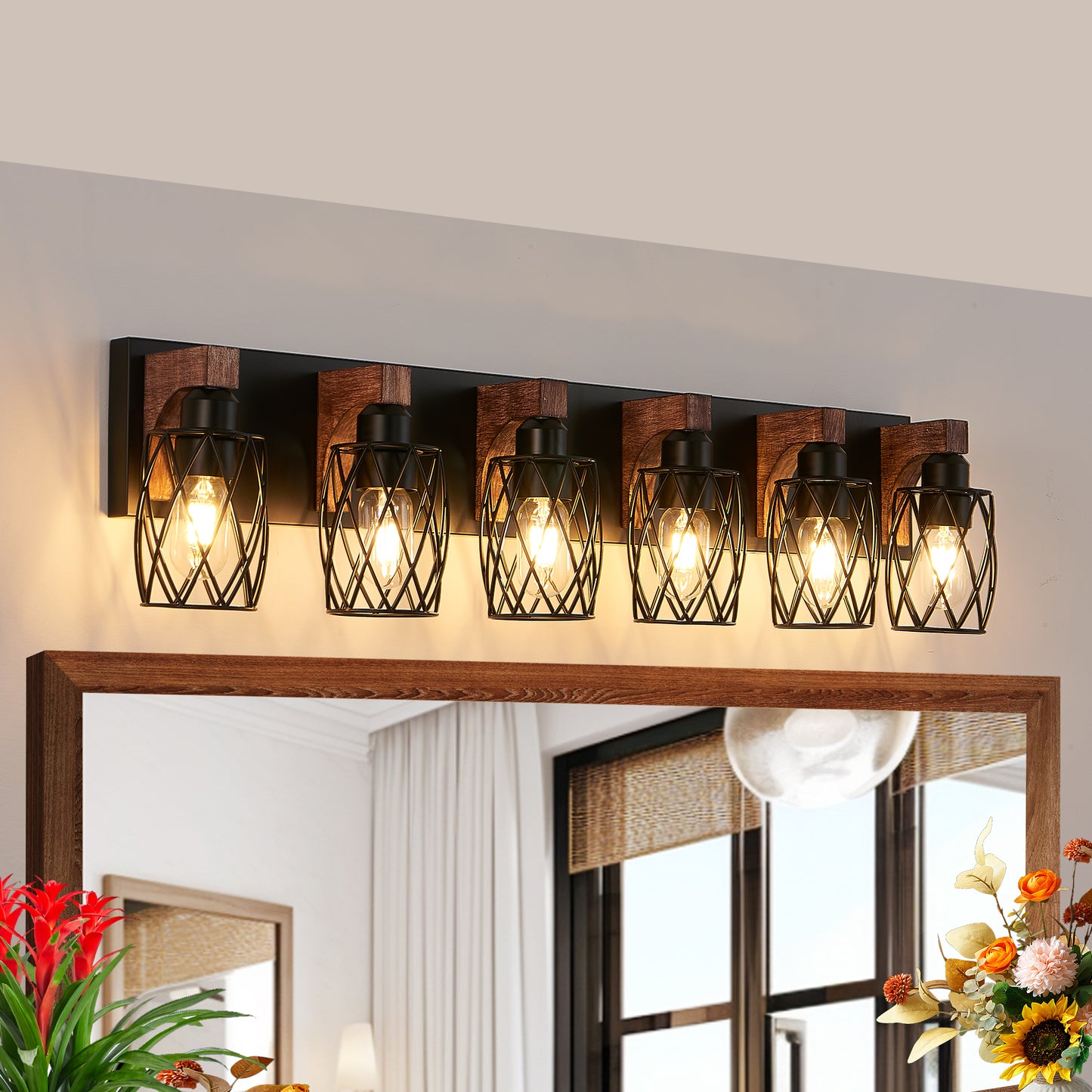 38" 6-Light Caged Industrial Wall Light with Wood Accents - view 5