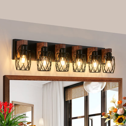 38" 6-Light Caged Industrial Wall Light with Wood Accents - view 5