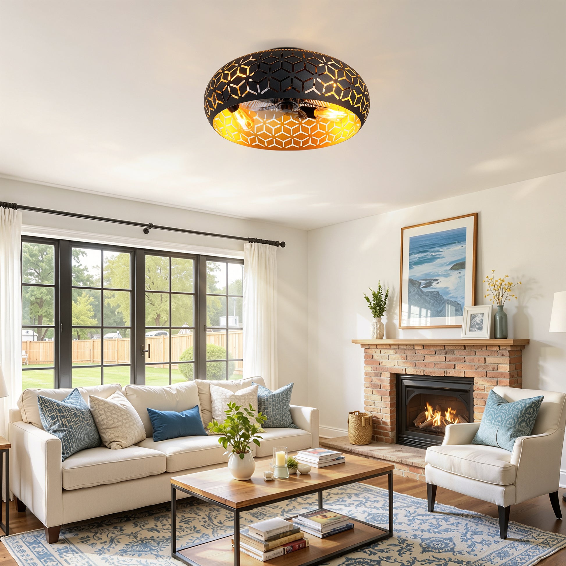 19.7" Black & Gold Caged Ceiling Fan with Remote - view 3