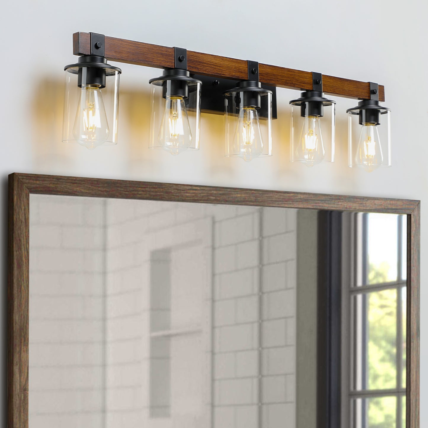 35" 5-Light Farmhouse Vanity Light with Wood Accent - view 7