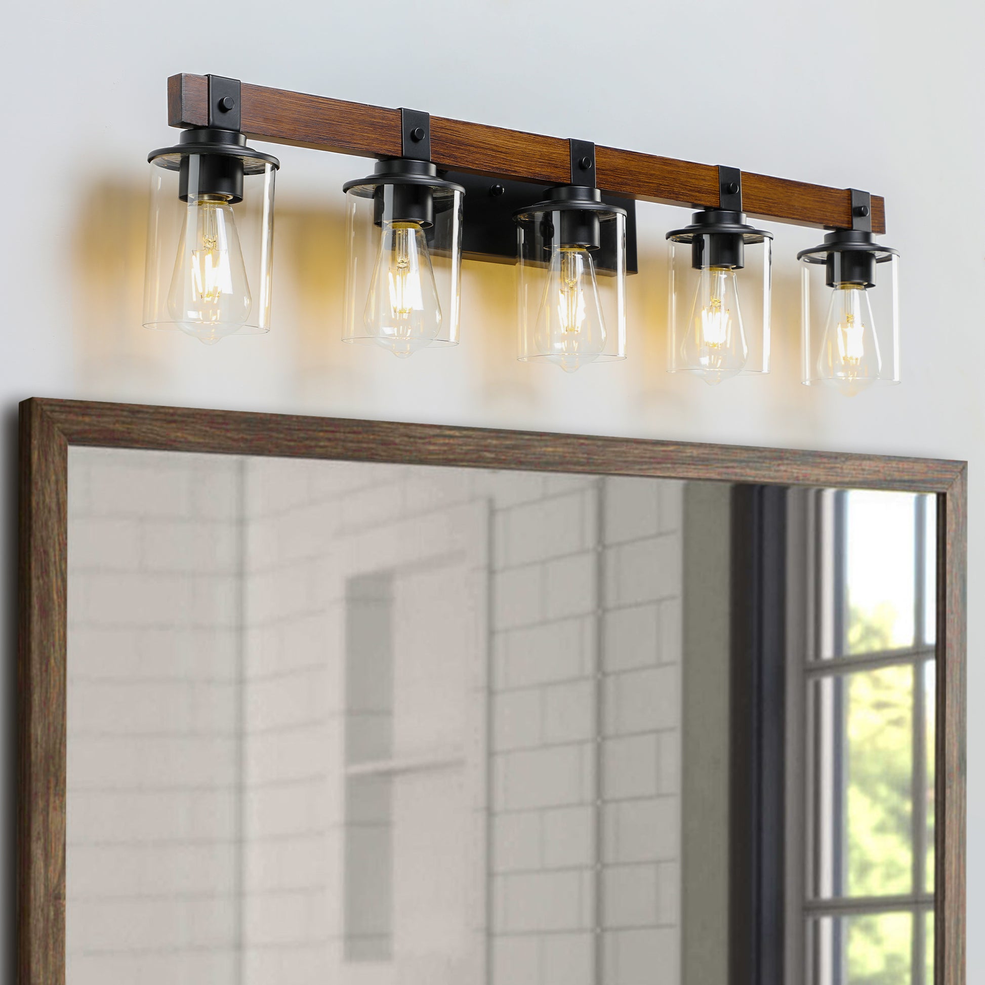 35" 5-Light Farmhouse Vanity Light with Wood Accent - view 7