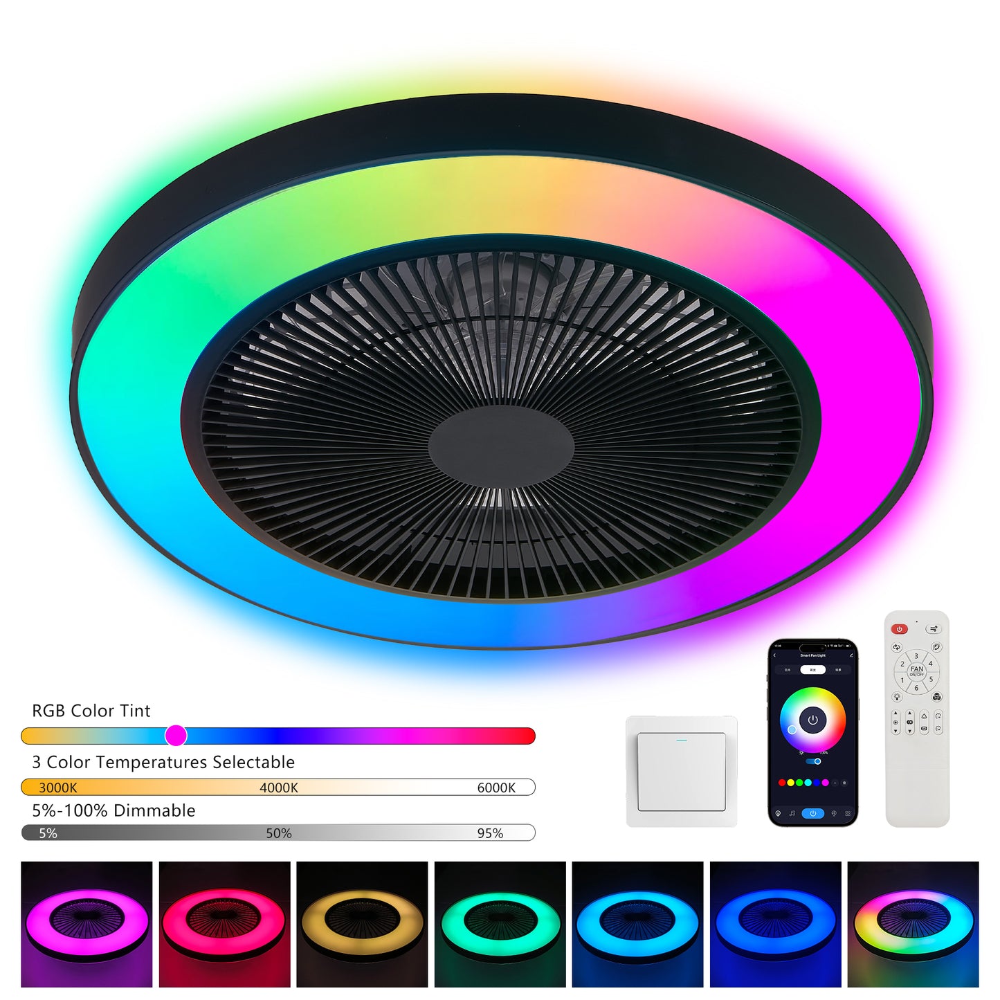 19" Black Ceiling Fan with Dimmable RGB LED & Remote - view 4